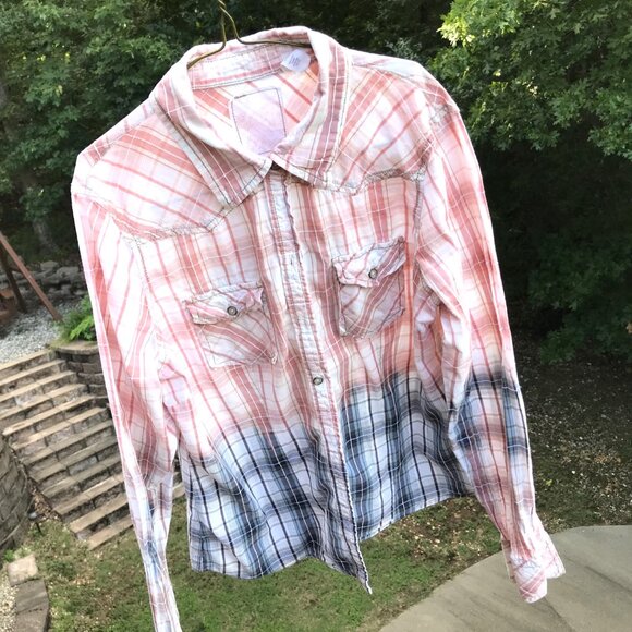 Bleached Shirt, Junior Size Medium: Upcycled Hand Painted Plaid Top - Picture 3 of 12